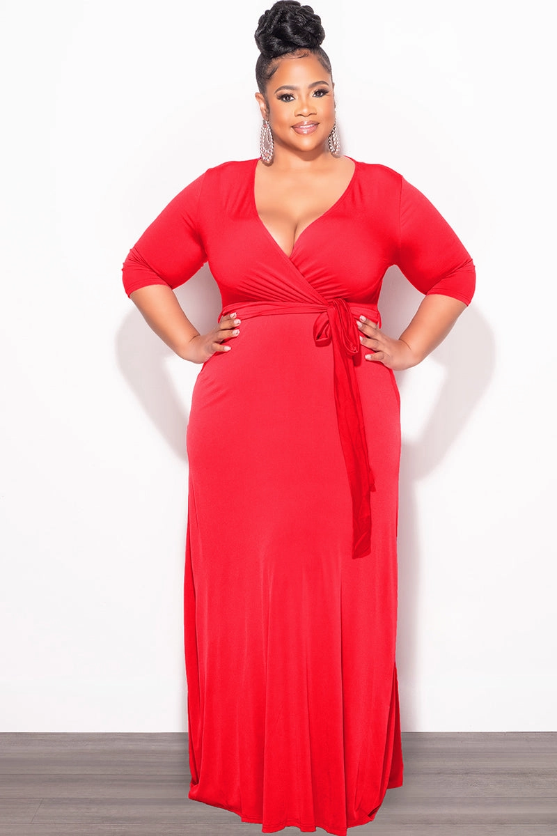 Final Sale Plus Size Faux Wrap Dress in Red Stretch Ready