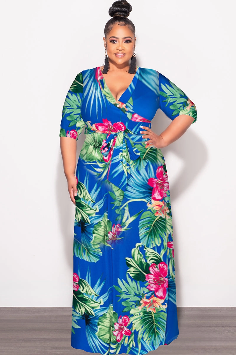 Eco Friendly Dye Comfy Movement Final Sale Plus Size Faux Wrap Dress in Royal Blue Green and Fuchsia Floral Print
