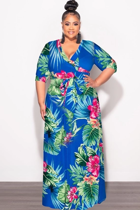 Eco Friendly Dye Comfy Movement Final Sale Plus Size Faux Wrap Dress in Royal Blue Green and Fuchsia Floral Print