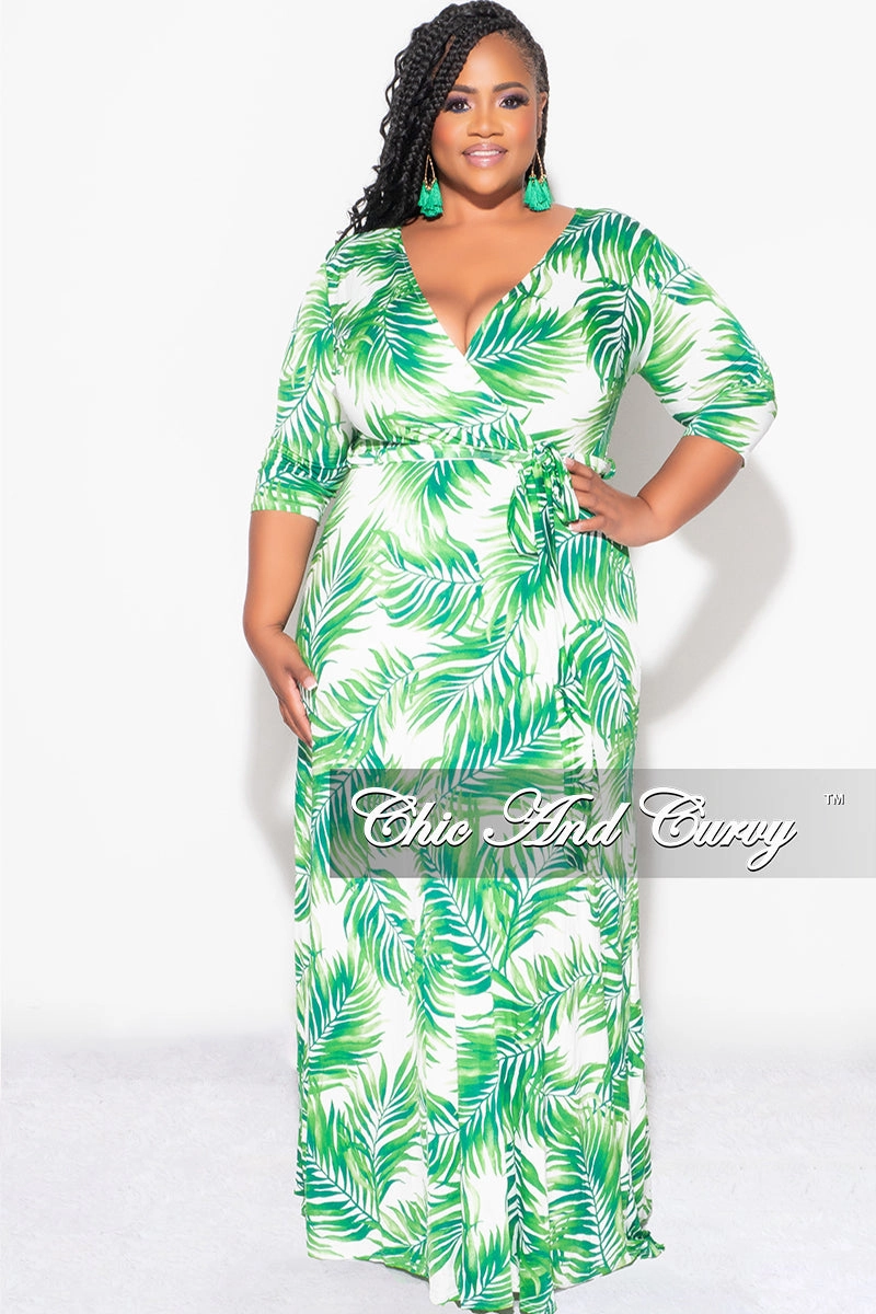 Quick Pack Final Sale Plus Size Faux Wrap Dress in White and Green Palm Print