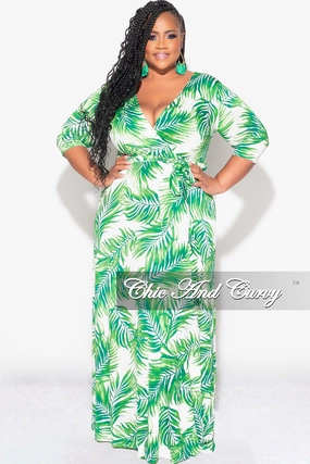 Final Sale Plus Size Faux Wrap Dress in White and Green Palm Print Easy Fit