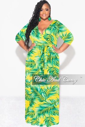 Slim Fit Design Casual Layer Fit Final Sale Plus Size Faux Wrap Dress in Yellow and Green Palm Print