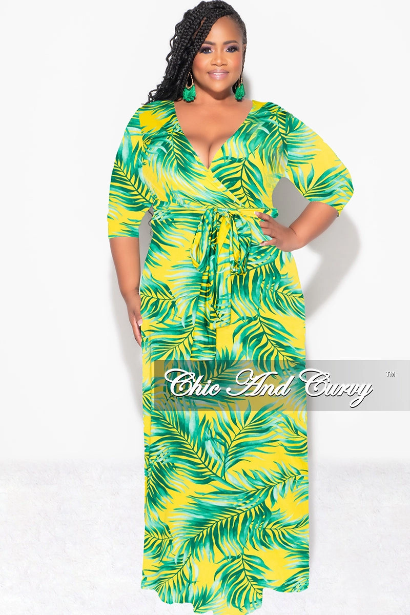 Tough Stretch Final Sale Plus Size Faux Wrap Dress in Yellow and Green Palm Print