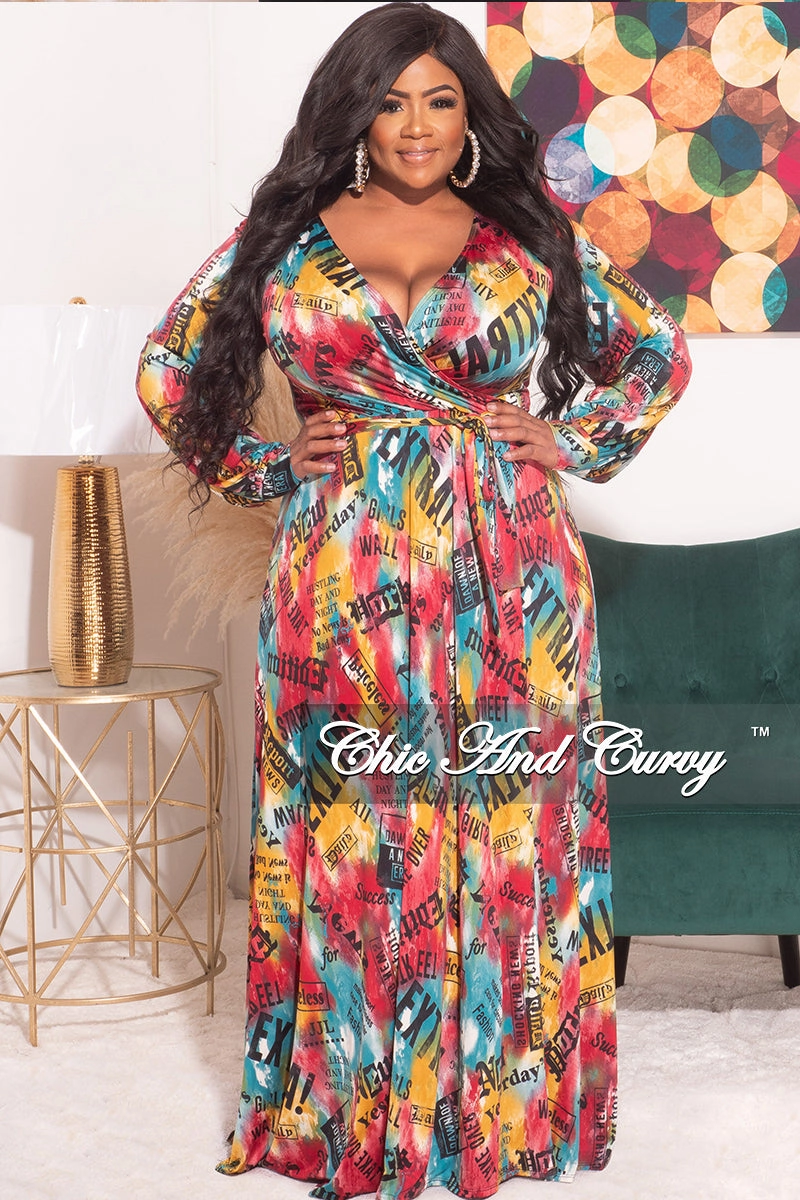 Final Sale Plus Size Faux Wrap Dress with Waist Tie in Multi Color News Print Perfect Silhouette