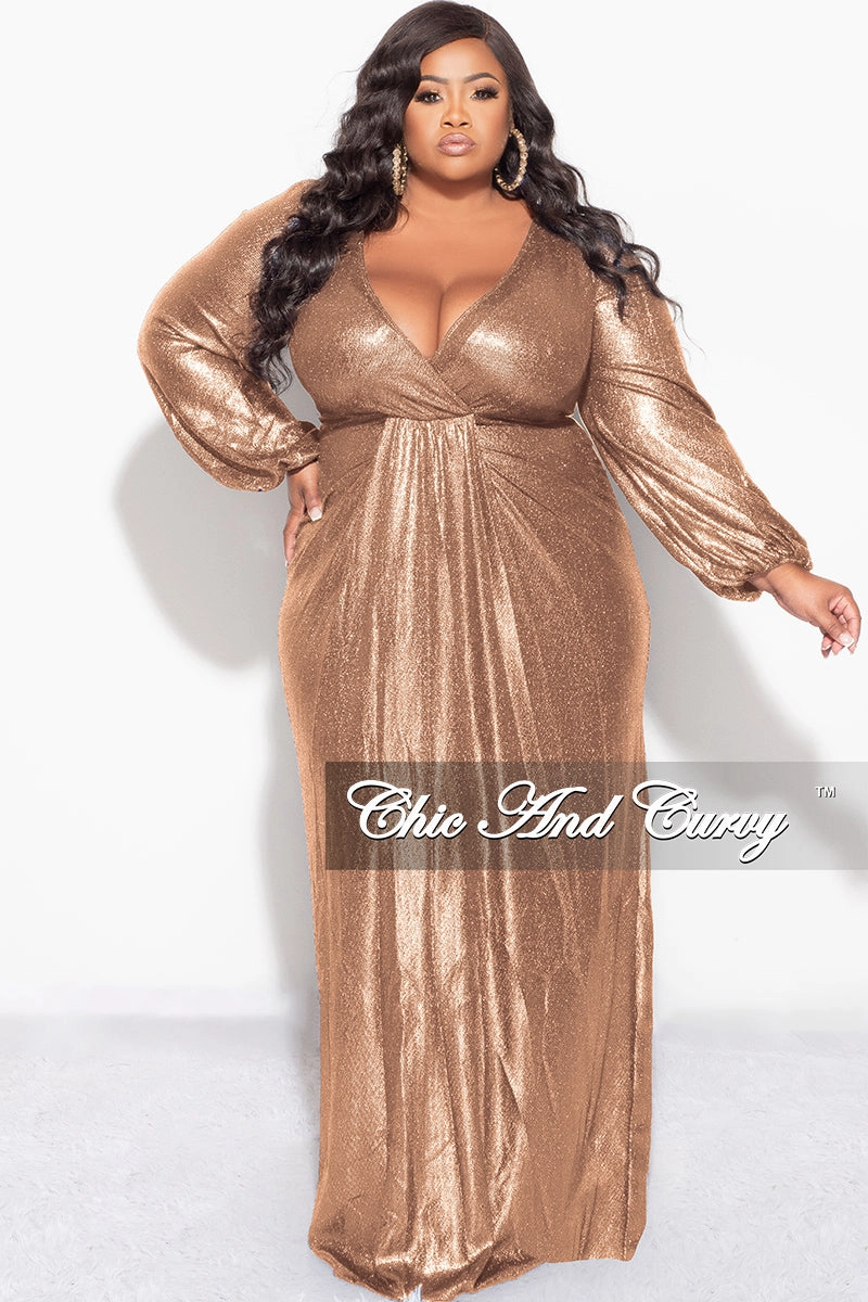 Final Sale Plus Size Faux Wrap Gown with Pleated Waist & Balloon Sleeves in Bronze Metallic Lux Fabric Low Profile Waistband Perfect Look
