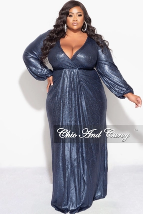 Final Sale Plus Size Faux Wrap Gown with Pleated Waist & Balloon Sleeves in Midnight Blue Metallic Lux Fabric Back pockets