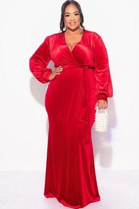 All Purpose Wear Flattering Style Final Sale Plus Size Faux Wrap Gown with Tie Belt in Red Velvet