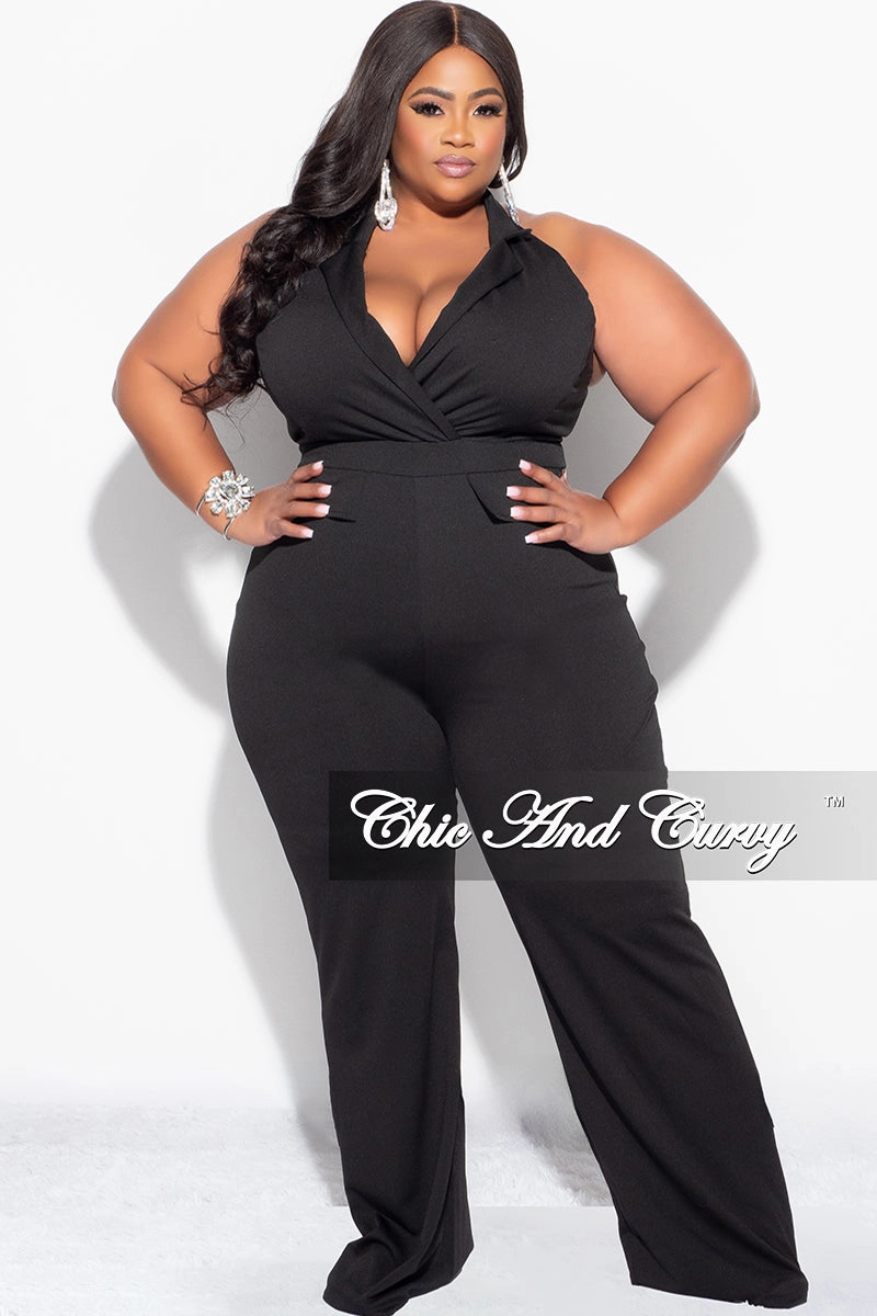 Final Sale Plus Size Faux Wrap Halter Jumpsuit in Black LowProfileWaistband