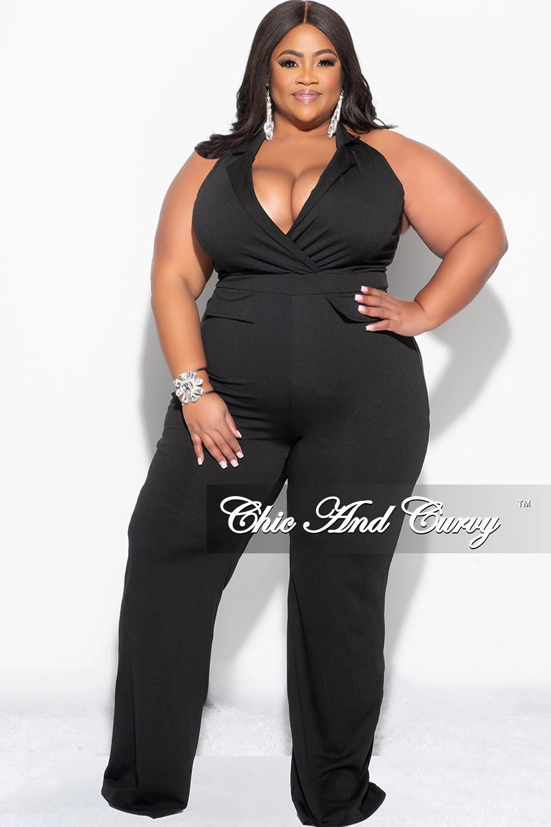 Stylish Comfort Barrel Waist Final Sale Plus Size Faux Wrap Halter Jumpsuit in Black