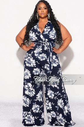 Daywear Final Sale Plus Size Faux Wrap Halter Jumpsuit with Waist Tie in Navy and White Floral Print