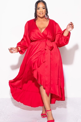 Final Sale Plus Size Faux Wrap High-Low Dress with Waist Tie in Burgundy AllDayCompression Reflective Trim