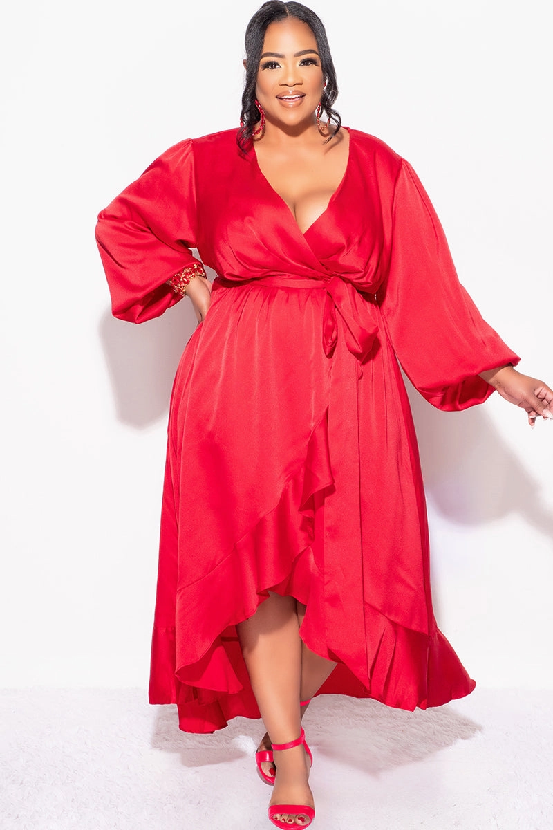 Final Sale Plus Size Faux Wrap High-Low Dress with Waist Tie in Burgundy DoubleLayeredFabric