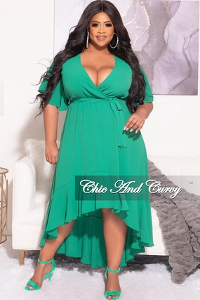 Final Sale Plus Size Faux Wrap High-Low Dress with Waist Tie in Green Timeless Comfort AbrasionResistant
