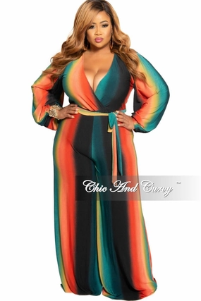 Final Sale Plus Size Faux Wrap Jumpsuit with Attached Tie in Orange Mustard and Teal Ombr?? Layer Comfort Stable Shape
