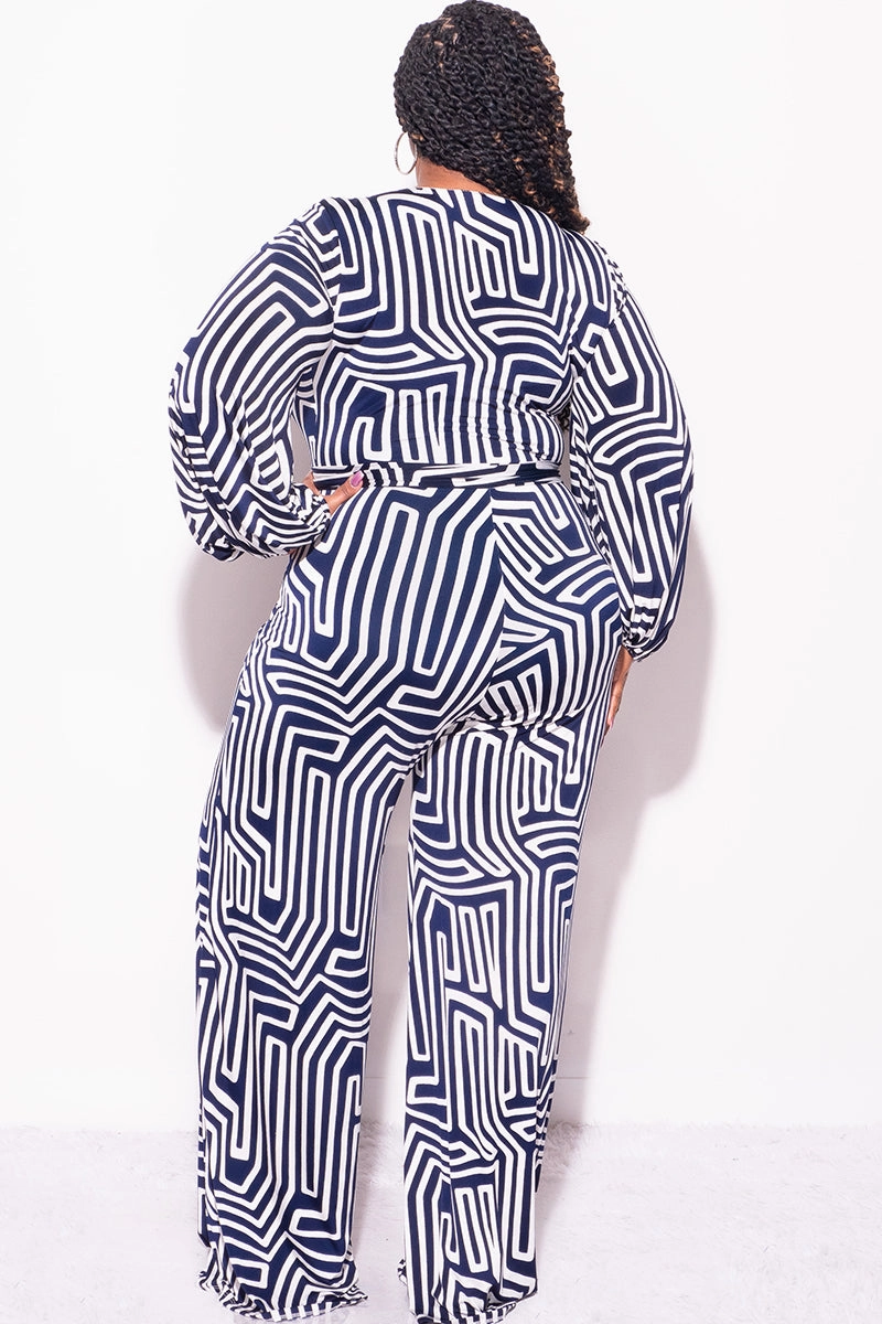 Rest Easy Final Sale Plus Size Faux Wrap Jumpsuit with Tie in Navy and White Design Print