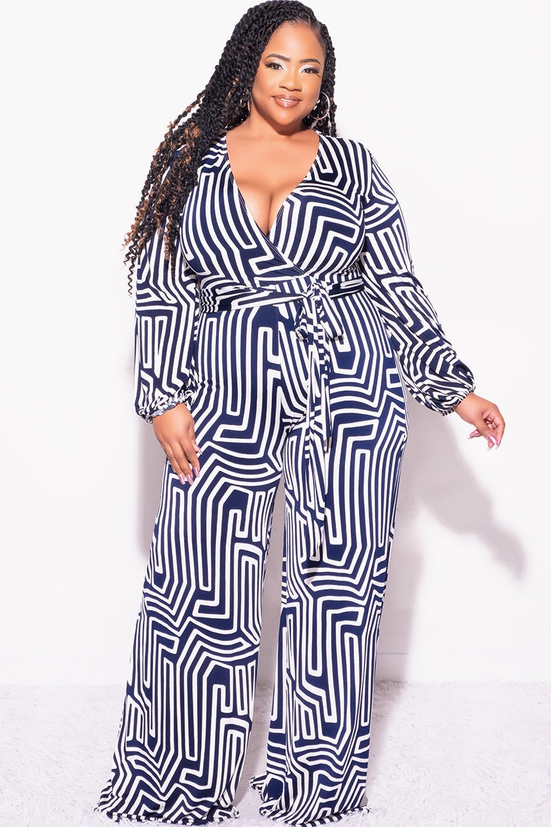 Final Sale Plus Size Faux Wrap Jumpsuit with Tie in Navy and White Design Print No Ride-Up Multi Pocket System