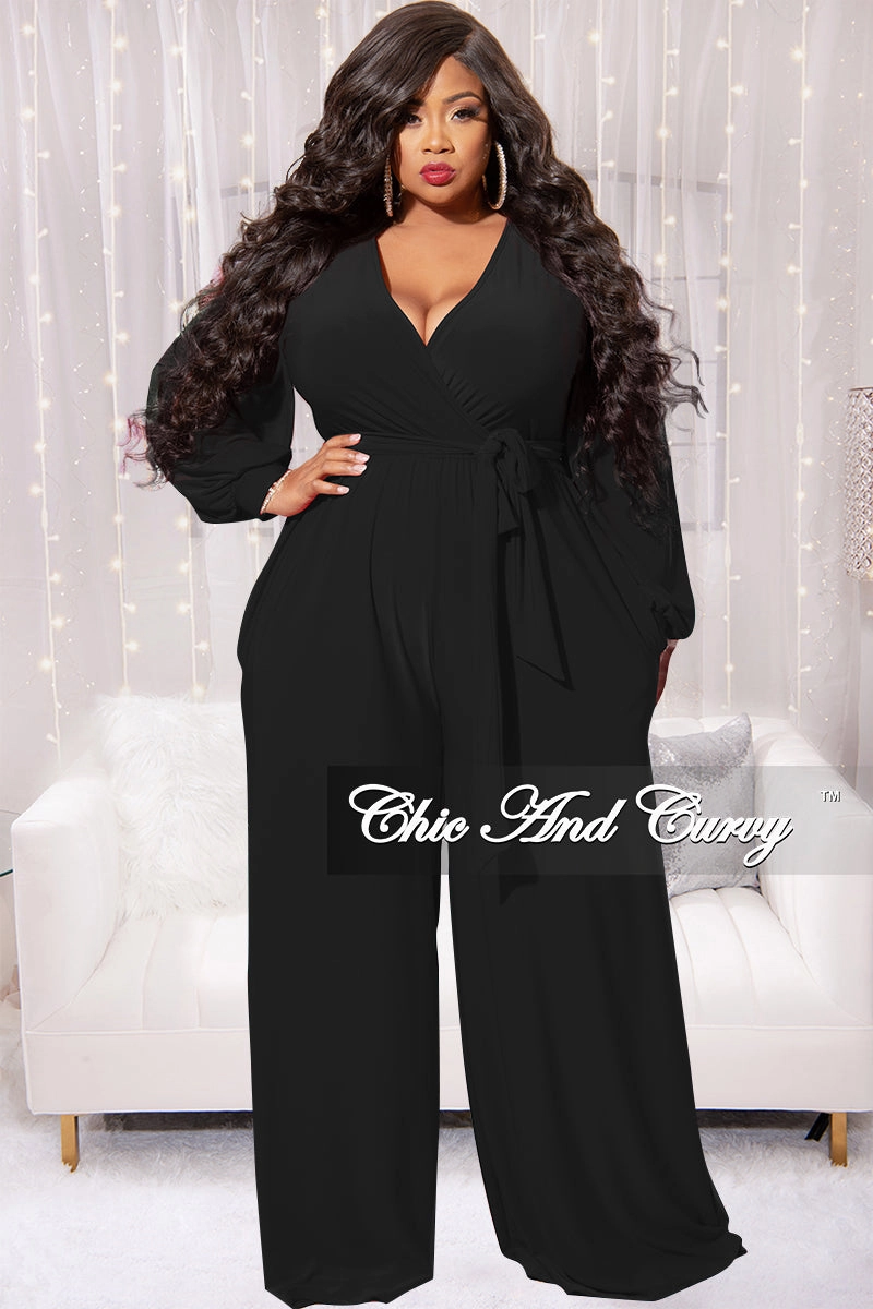 Final Sale Plus Size Faux Wrap Jumpsuit with Waist Tie in Black Outdoor Fit