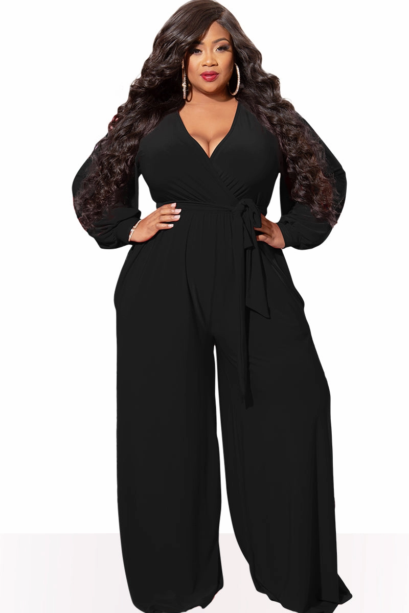 Final Sale Plus Size Faux Wrap Jumpsuit with Waist Tie in Black Breathable Lining