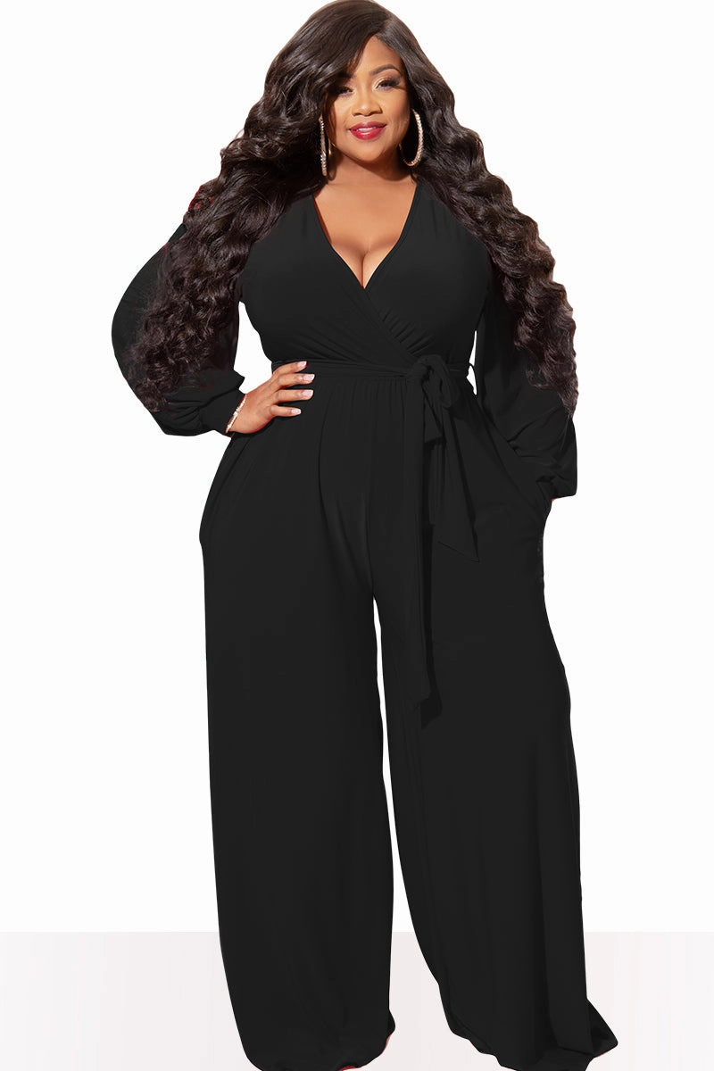 Final Sale Plus Size Faux Wrap Jumpsuit with Waist Tie in Black Daily Style Breathable Base