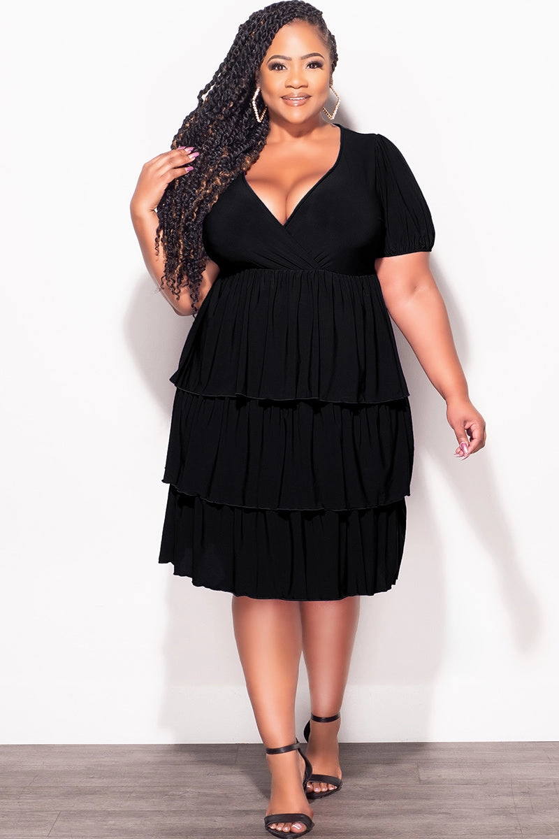 Final Sale Plus Size Faux Wrap Layered Ruffle Dress in Black Essential Wear Chill Wear