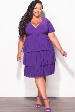 Final Sale Plus Size Faux Wrap Layered Ruffle Dress in Purple Daily Motion