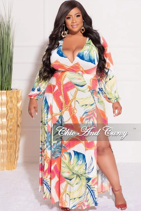 Final Sale Plus Size Faux Wrap Maxi Dress with Double Slits in Multi Color Chain Floral Print Perfect Fit