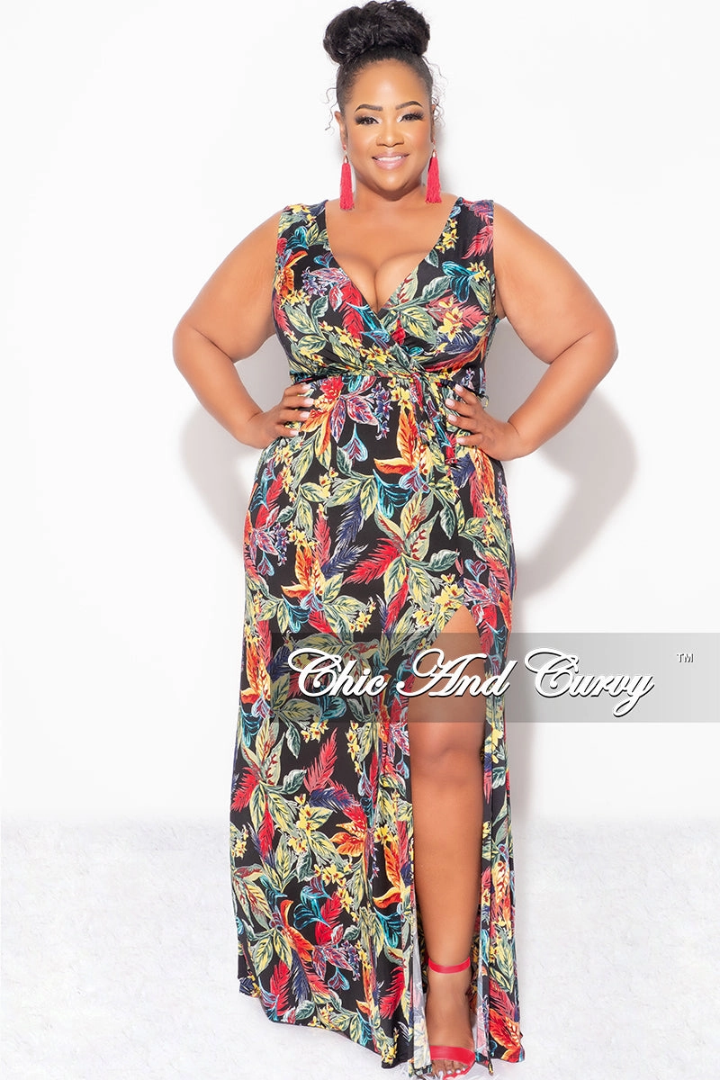 Quick Comfort Design Final Sale Plus Size Faux Wrap Maxi Dress with Side Slit in Black Multi Color Leaf Print