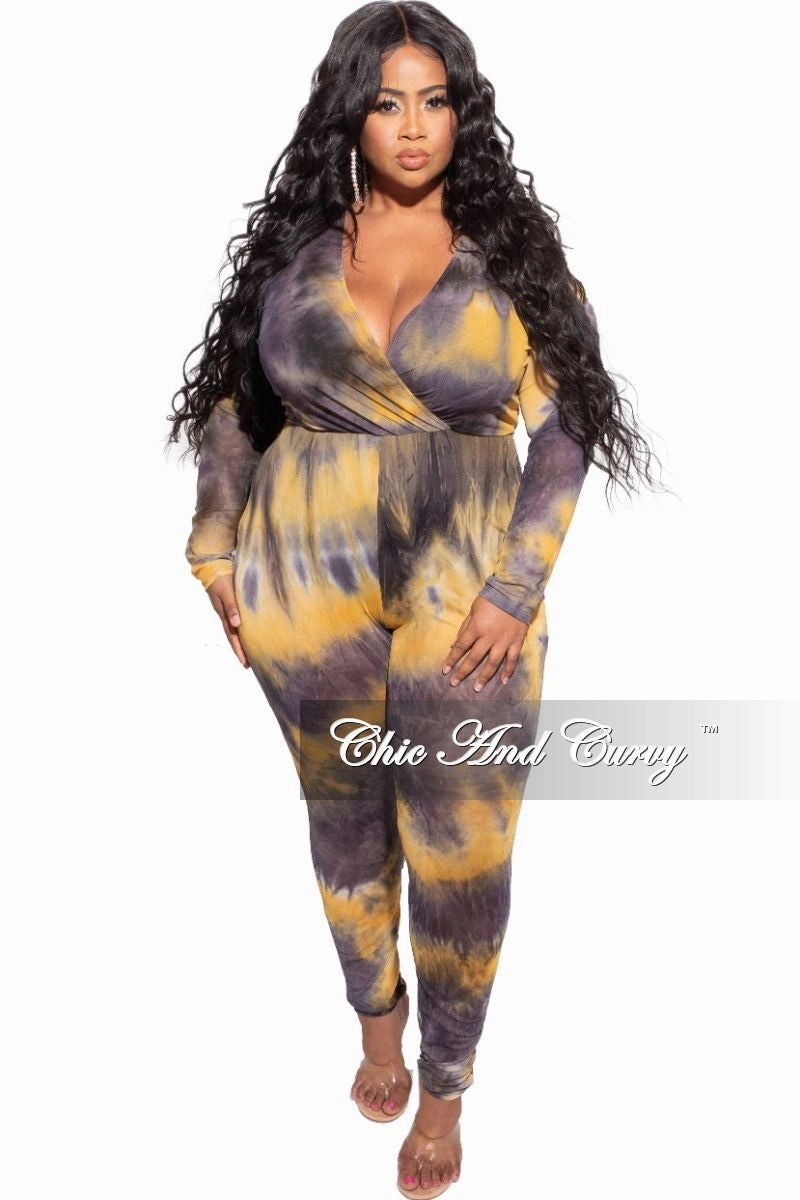 Warm Layer Cozy Movement Final Sale Plus Size Faux Wrap Mesh Jumpsuit in Black & Yellow Tie Dye