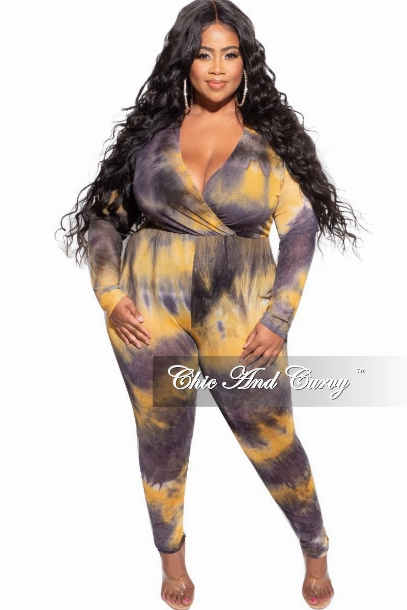 OrganicCotton Final Sale Plus Size Faux Wrap Mesh Jumpsuit in Black & Yellow Tie Dye