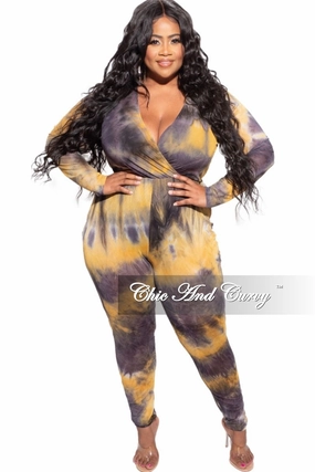Non Iron Technology Light Coverage Final Sale Plus Size Faux Wrap Mesh Jumpsuit in Black & Yellow Tie Dye