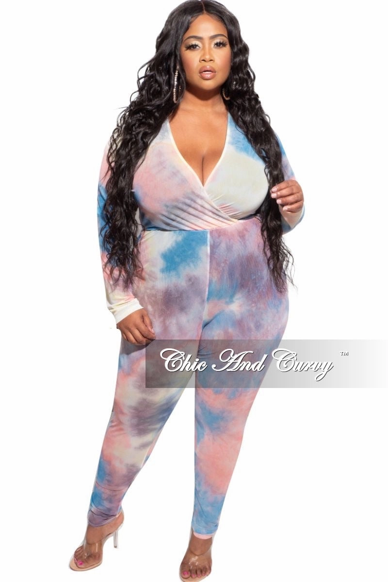 Day-to-Day Wear Casual Must-Have Final Sale Plus Size Faux Wrap Mesh Jumpsuit in Pink, Yellow and Blue Tie Dye