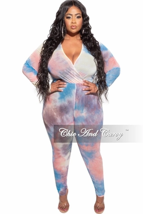 Comfortable Fashion Final Sale Plus Size Faux Wrap Mesh Jumpsuit in Pink, Yellow and Blue Tie Dye