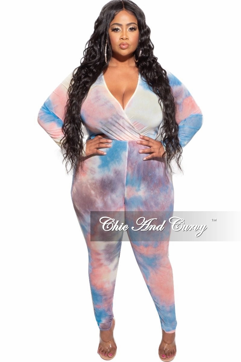 Comfortable Fashion Final Sale Plus Size Faux Wrap Mesh Jumpsuit in Pink, Yellow and Blue Tie Dye