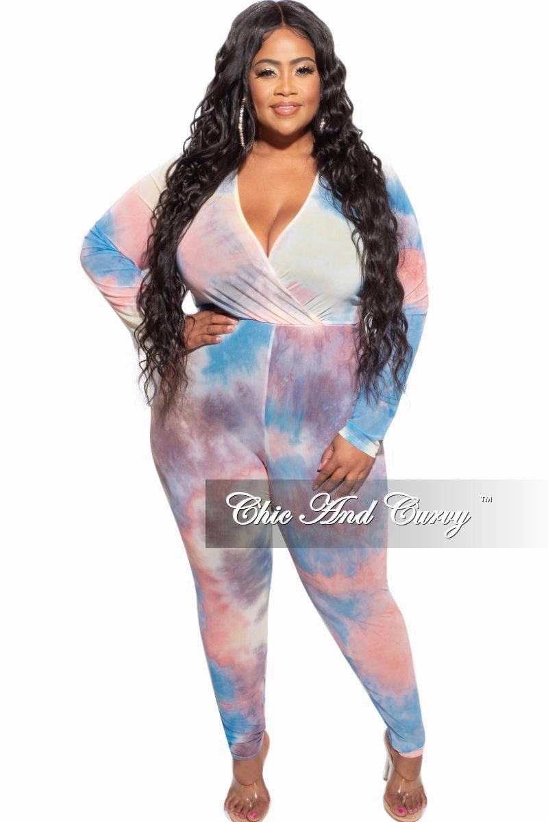 Final Sale Plus Size Faux Wrap Mesh Jumpsuit in Pink, Yellow and Blue Tie Dye Slim Waist