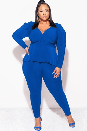 Soft Wear Comfortable Leg Final Sale Plus Size Faux Wrap Peplum Top and Pants Set in Royal Blue