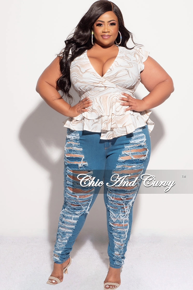 Slim Stretch Fit Neutral Look Final Sale Plus Size Faux Wrap Peplum Top in Ivory & Mocha or Ivory & Olive  Design Print