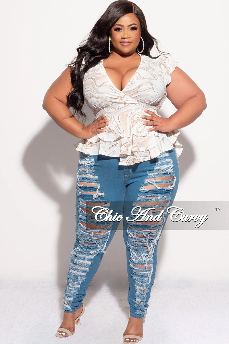 Modern Cut Final Sale Plus Size Faux Wrap Peplum Top in Ivory & Mocha or Ivory & Olive  Design Print