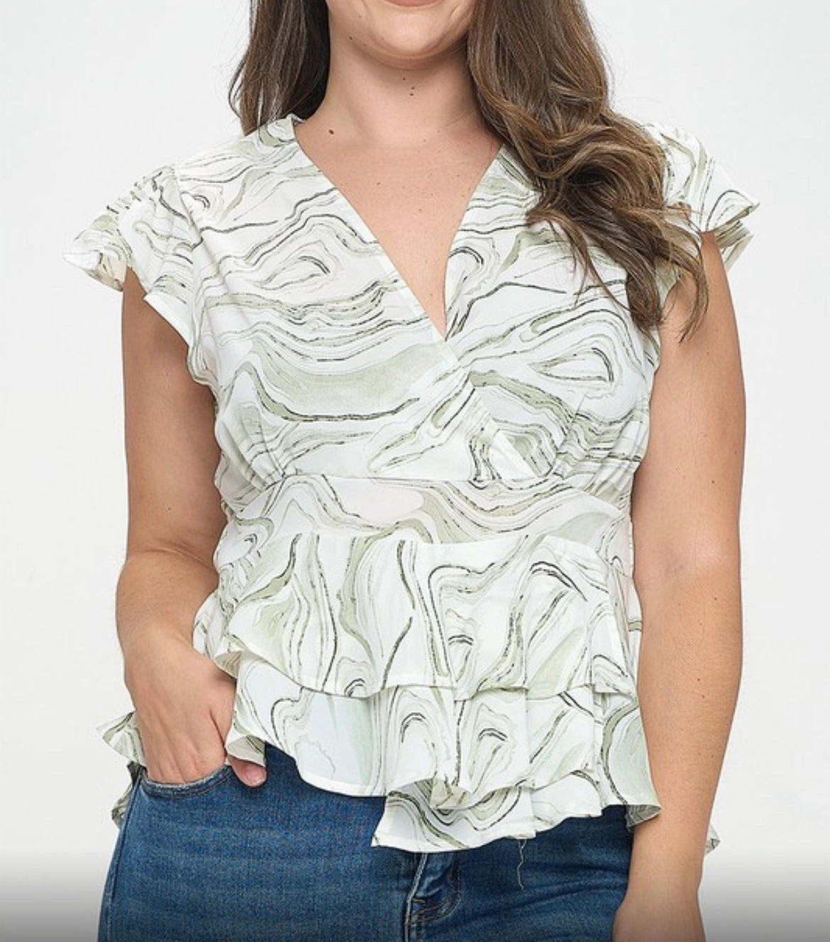Stretch Comfort Final Sale Plus Size Faux Wrap Peplum Top in Ivory & Mocha or Ivory & Olive  Design Print