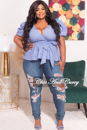 ErgonomicStitching clean look Final Sale Plus Size Faux Wrap Peplum Top with Waist Tie in Blue Stripe Print