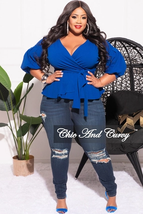 Final Sale Plus Size Faux Wrap Peplum Top with Waist Tie in Royal Blue Seamless Wear Trendy Design