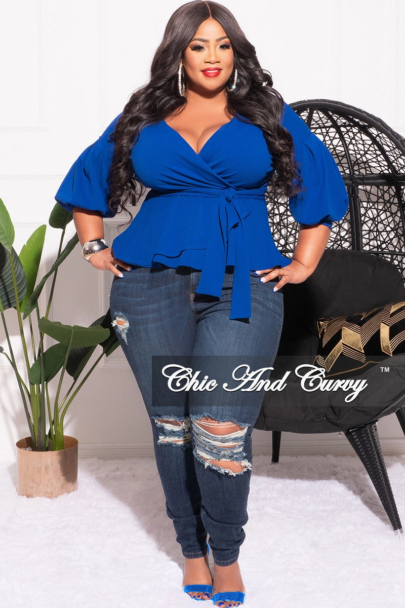Hidden Zip Pockets Final Sale Plus Size Faux Wrap Peplum Top with Waist Tie in Royal Blue