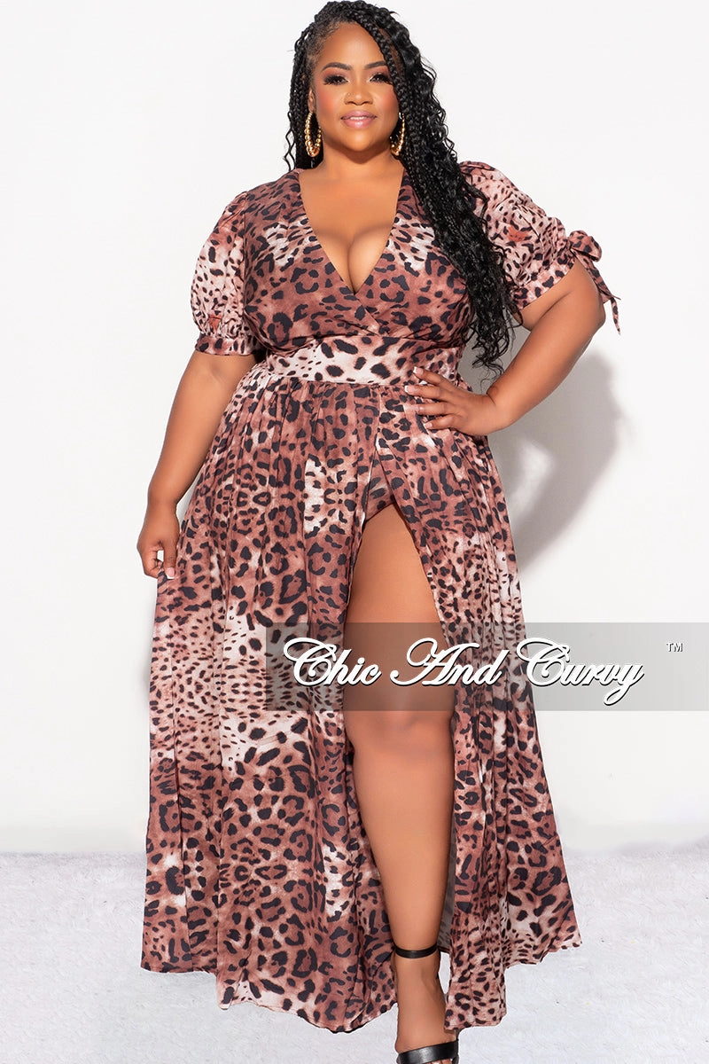 All Fit Breathable Waist Final Sale Plus Size Faux Wrap Playsuit Maxi Dress with Train in Animal Print
