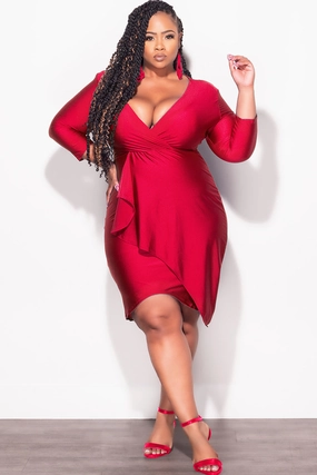 Padded hips Final Sale Plus Size Faux Wrap Puffy Sleeve BodyCon Overlay Tulip Dress in Wine