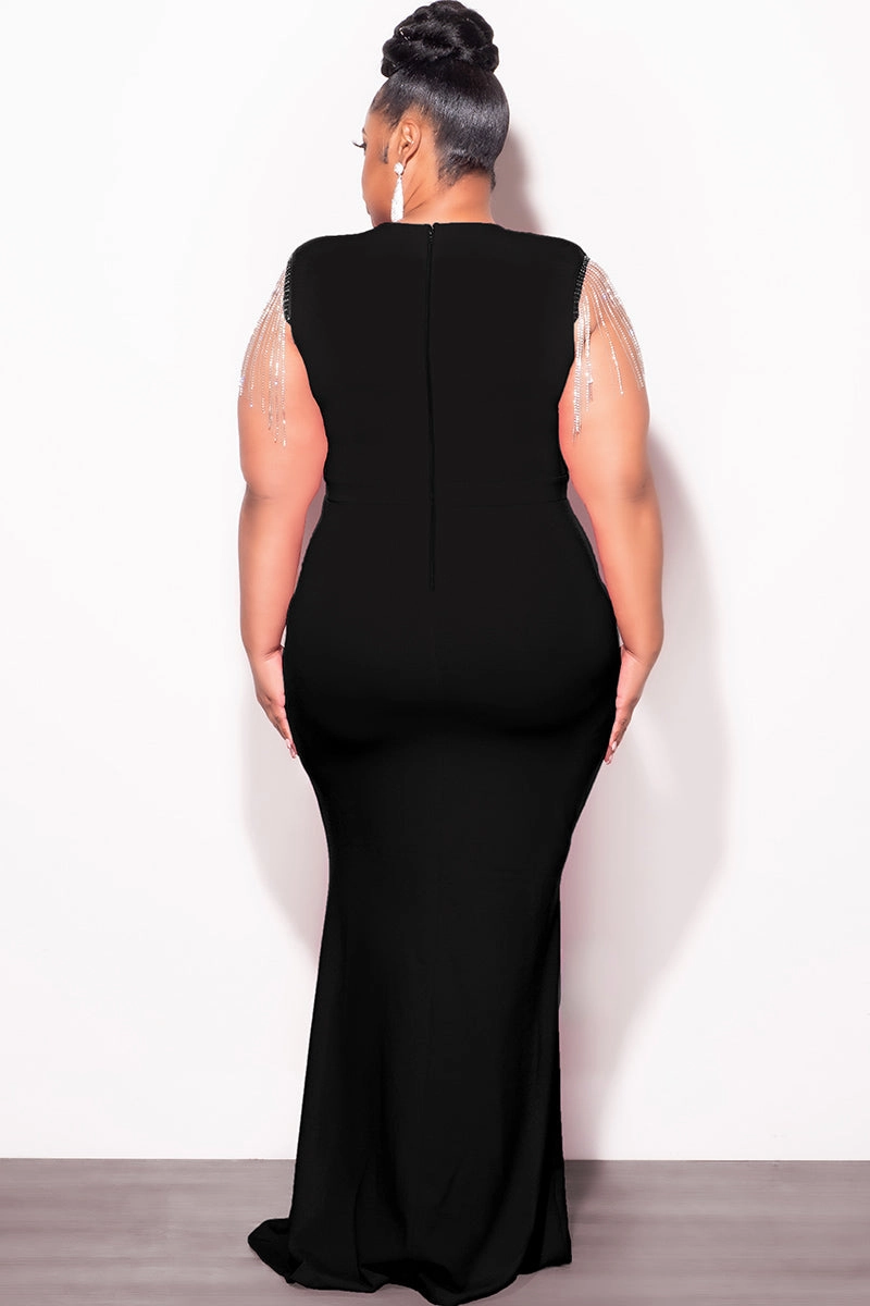 SturdyBeltLoops Flexibility Fit Final Sale Plus Size Faux Wrap Rhinestone Fringe Sleeve Maxi Dress in Black