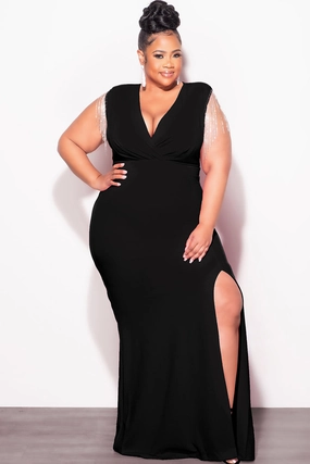 Final Sale Plus Size Faux Wrap Rhinestone Fringe Sleeve Maxi Dress in Black Flexible Knee Panels