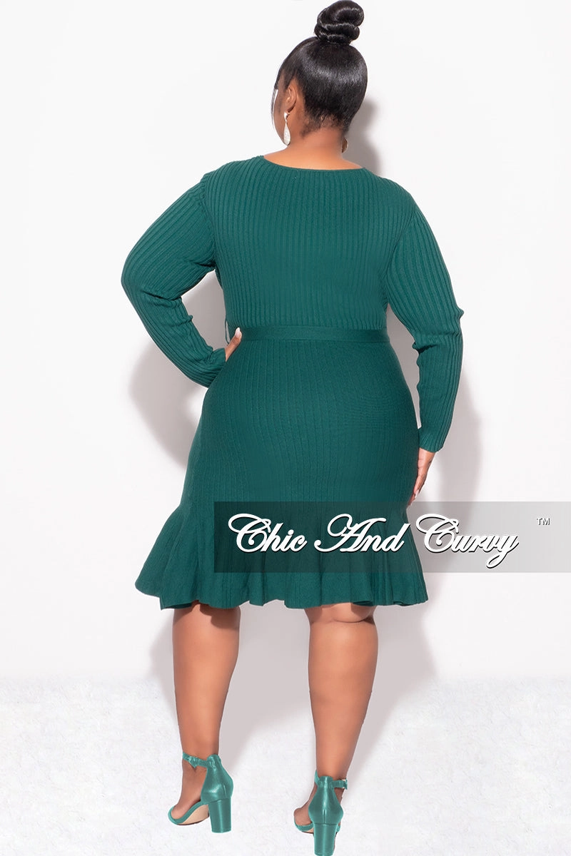 Final Sale Plus Size Faux Wrap Ribbed BodyCon Dress with Waist Tie and Bottom Ruffle in Green Low Profile Waistband Snag Resistant Fabric
