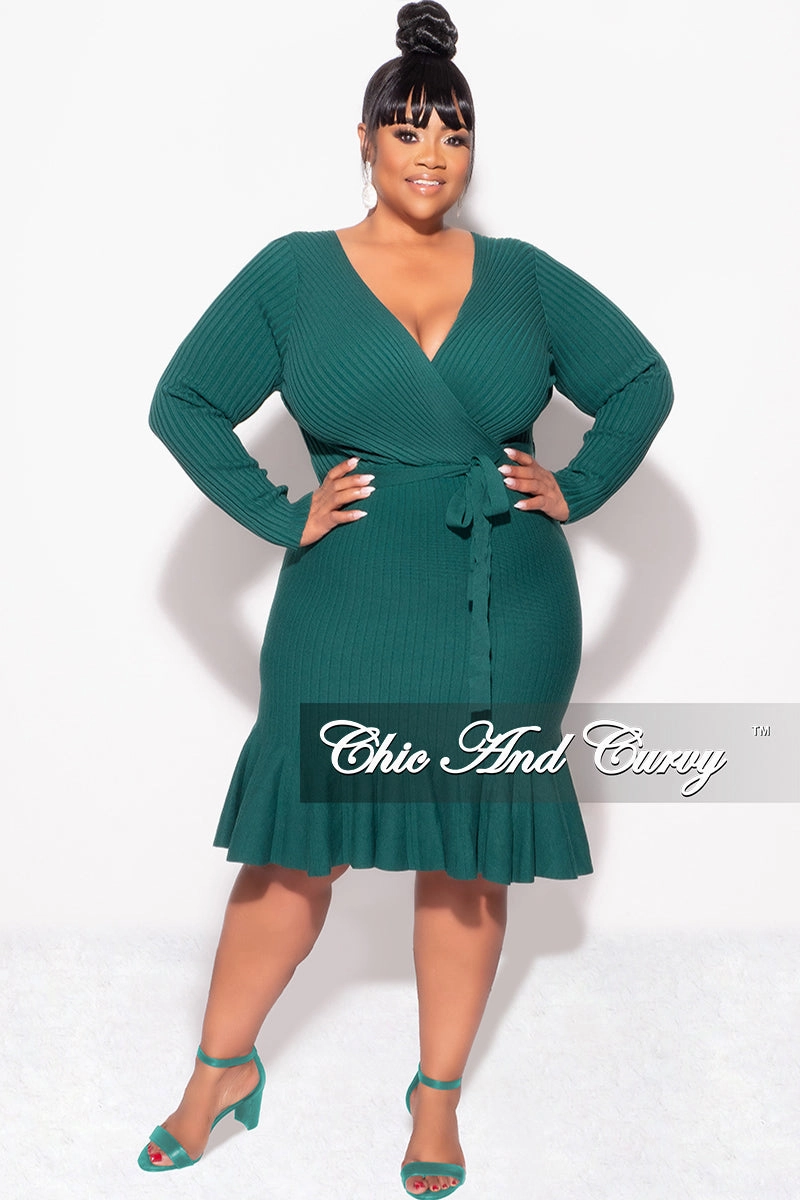 Final Sale Plus Size Faux Wrap Ribbed BodyCon Dress with Waist Tie and Bottom Ruffle in Green Lightweight Fit Cozy Movement