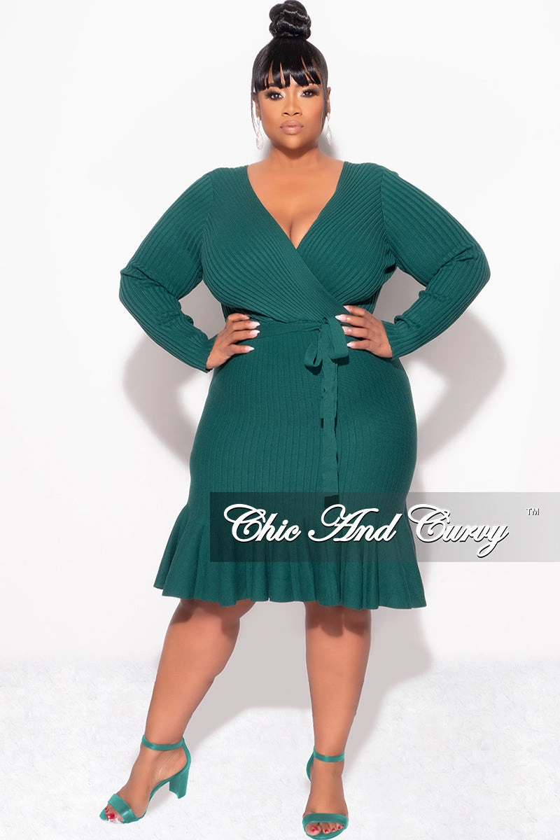 Breath Flex Outdoor Fit Final Sale Plus Size Faux Wrap Ribbed BodyCon Dress with Waist Tie and Bottom Ruffle in Green