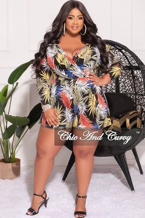 Day-to-Day Wear Final Sale Plus Size Faux Wrap Romper in Black Tropical Print