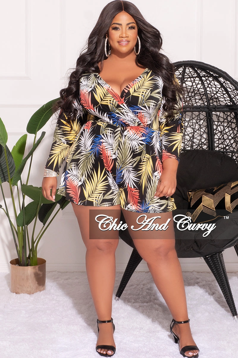 Final Sale Plus Size Faux Wrap Romper in Black Tropical Print ReinforcedStitching